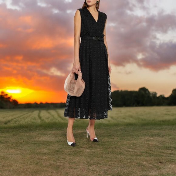 FENDI  Belted Silk-organza Midi Dress In Black Size 44IT,MUS - Picture 2 of 15